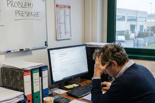 Professionista stressato davanti a una lavagna piena di scadenze